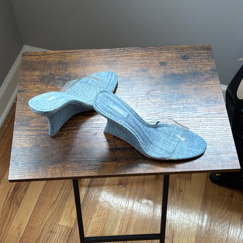 Mango Light Blue Denim Wedge Sandals with Clear Strap - Picture 8 of 9